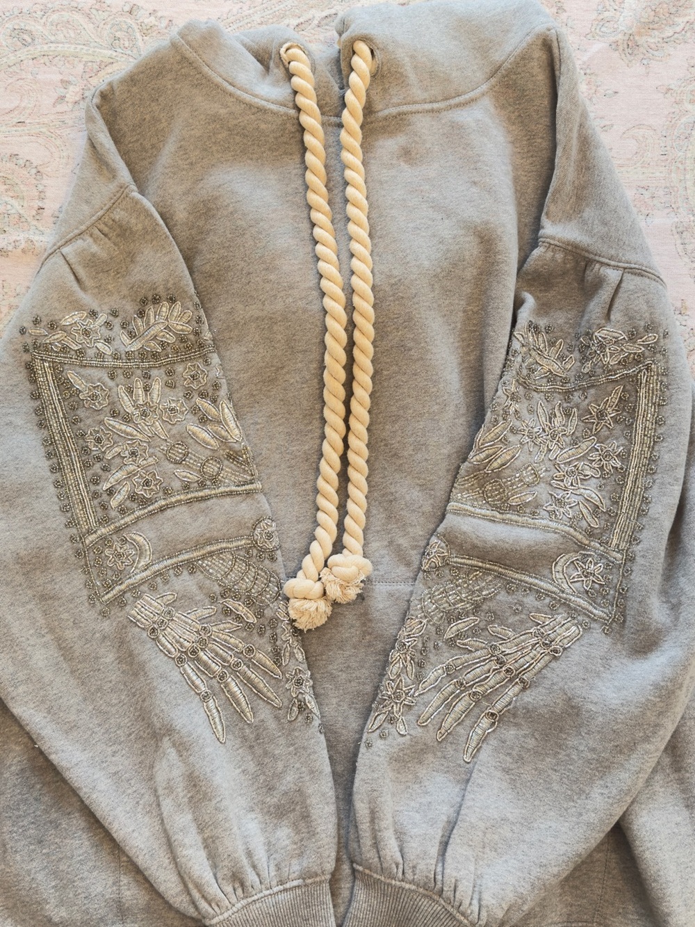Free People Light Gray Embroidered Hoodie with Rope Drawstrings - Picture 10 of 13